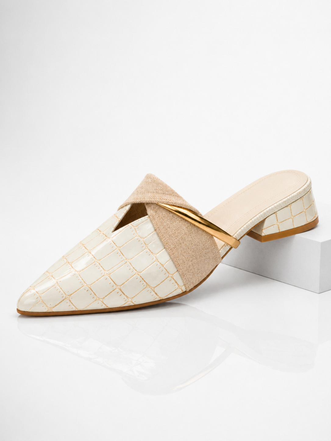 Beatrix | Women's Croc-Effect Pointed Toe Mule Heels - Low Block Heel Slip-On Mules