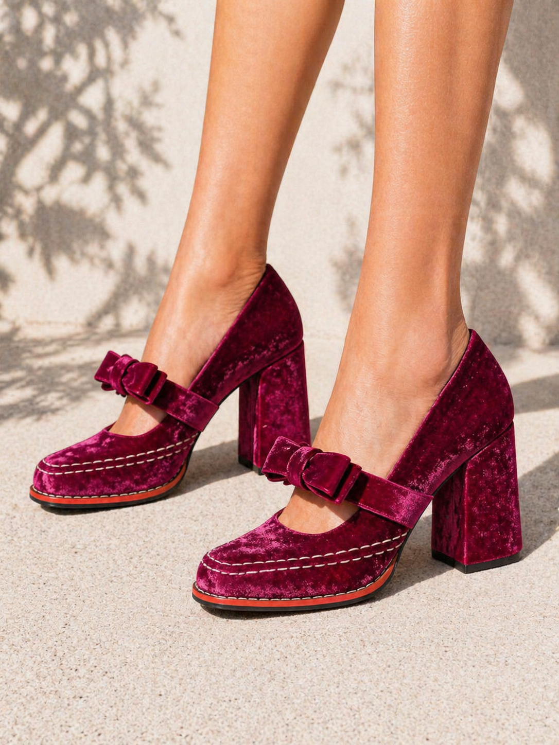 Violet | Women's Velvet Mary Jane Heels – Bow-Detail Block Heel Shoes