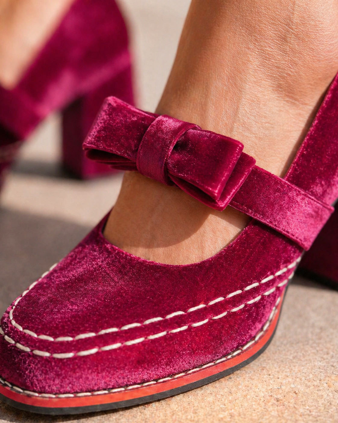 Violet | Women's Velvet Mary Jane Heels – Bow-Detail Block Heel Shoes