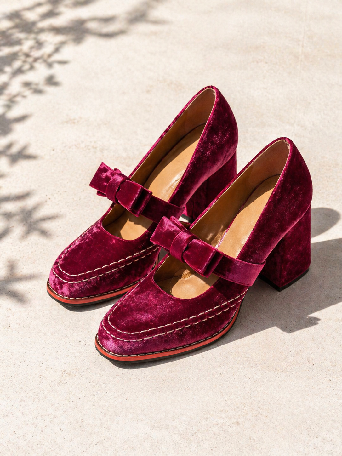 Violet | Women's Velvet Mary Jane Heels – Bow-Detail Block Heel Shoes