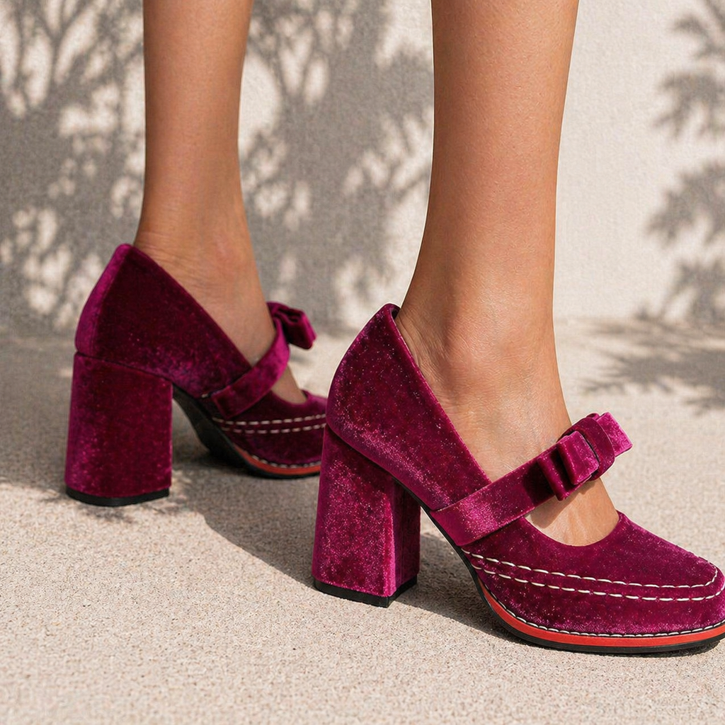 Violet | Women's Velvet Mary Jane Heels – Bow-Detail Block Heel Shoes