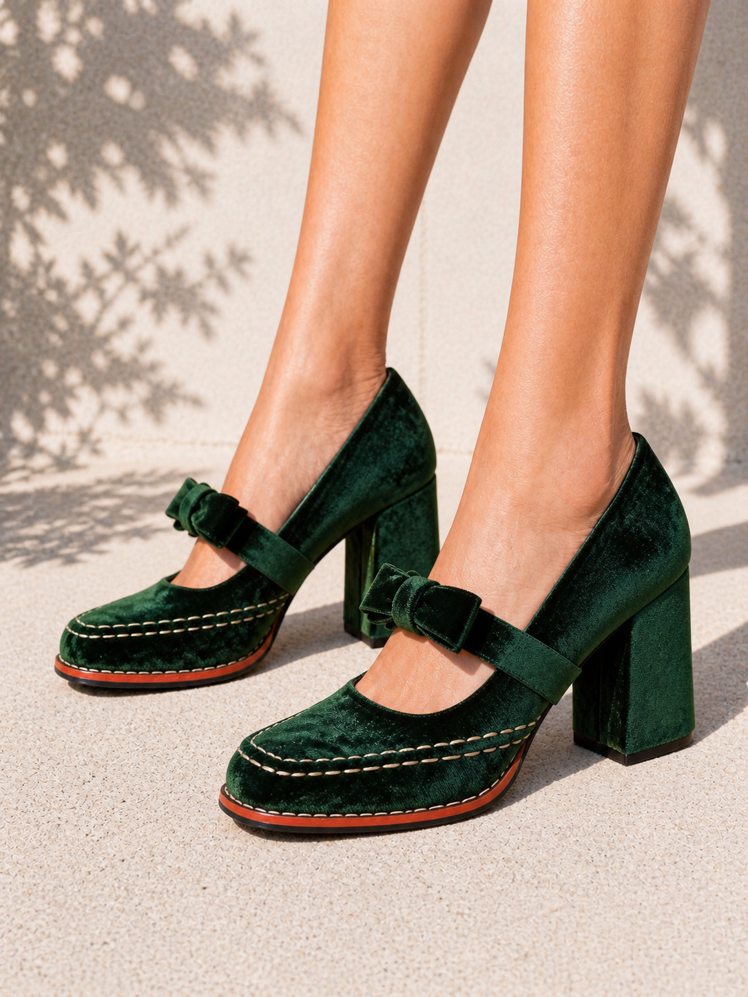 Violet | Women's Velvet Mary Jane Heels – Bow-Detail Block Heel Shoes