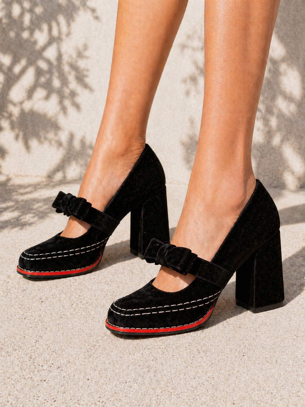 Violet | Women's Velvet Mary Jane Heels – Bow-Detail Block Heel Shoes