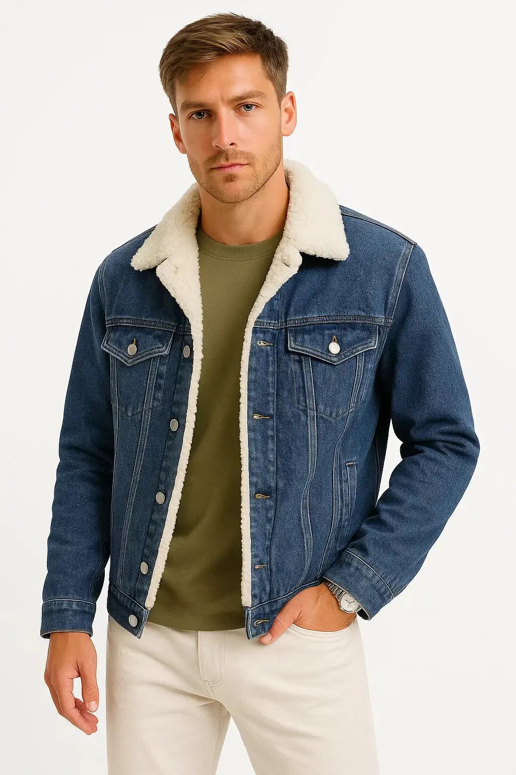 Grant | Men's Denim Sherpa Collar Jacket - Fleece-Lined Casual Trucker Jacket