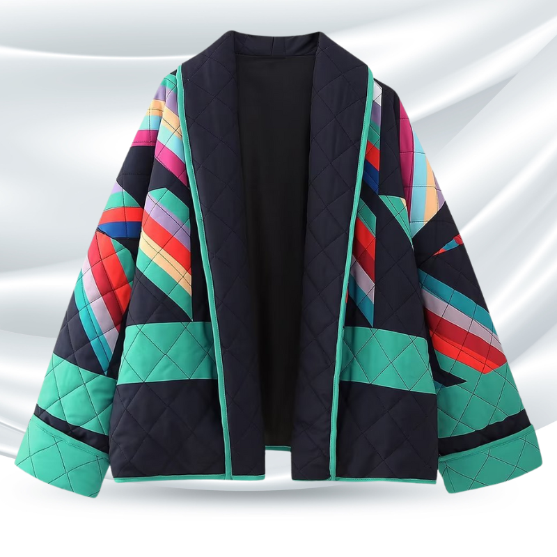 Gwen | Women's Vintage Quilted Jacket - Striped Colour-Block Padded Coat