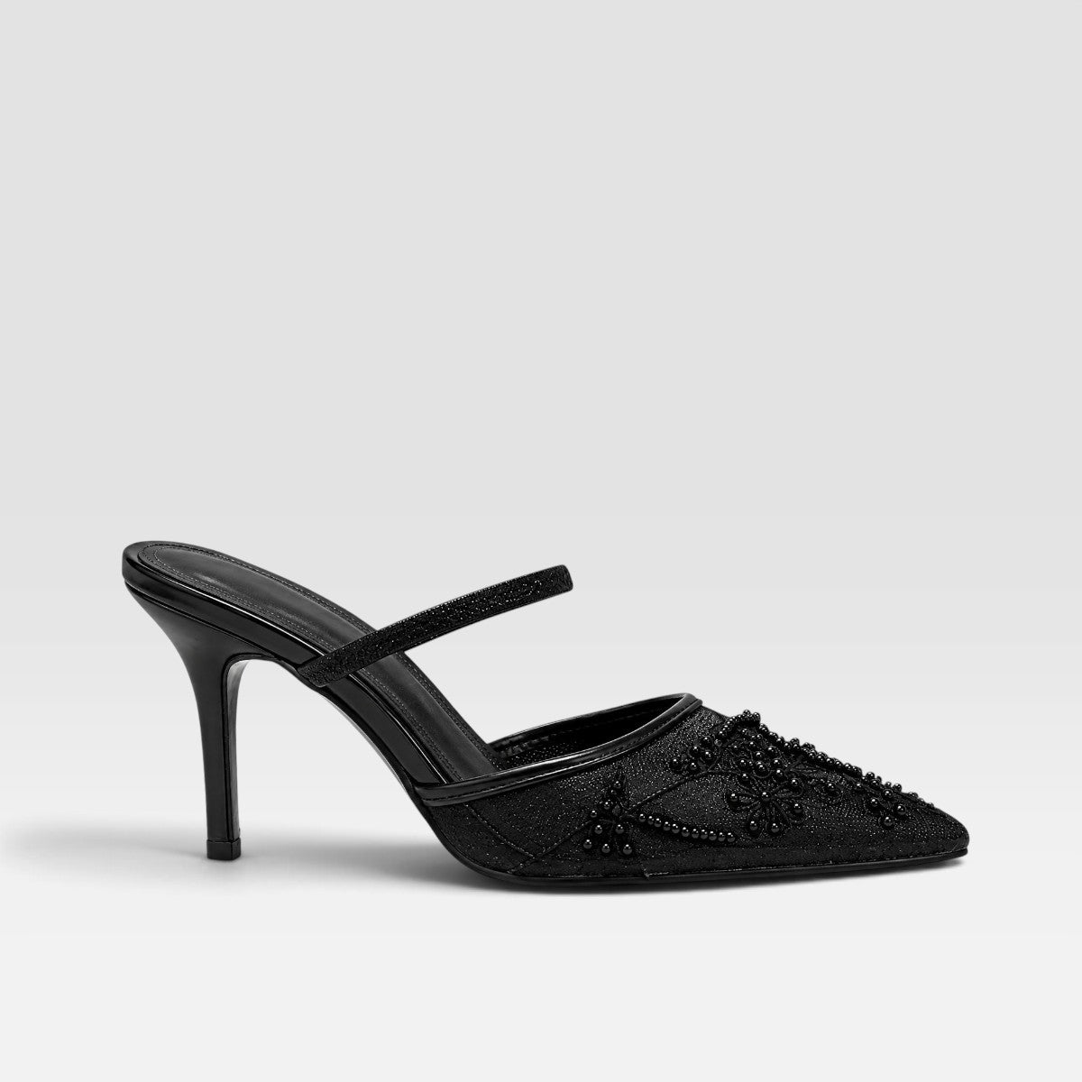 Josephine | Women's Embroidered Mesh Mule Heels - Pointed Toe Wedding Guest Shoes