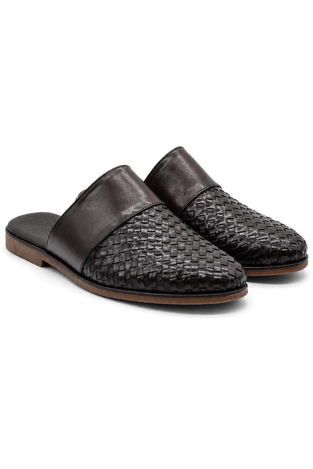 Desmond | Men's Woven faux leather Mule Slippers - Coffee Brown Slip-On Half Shoes