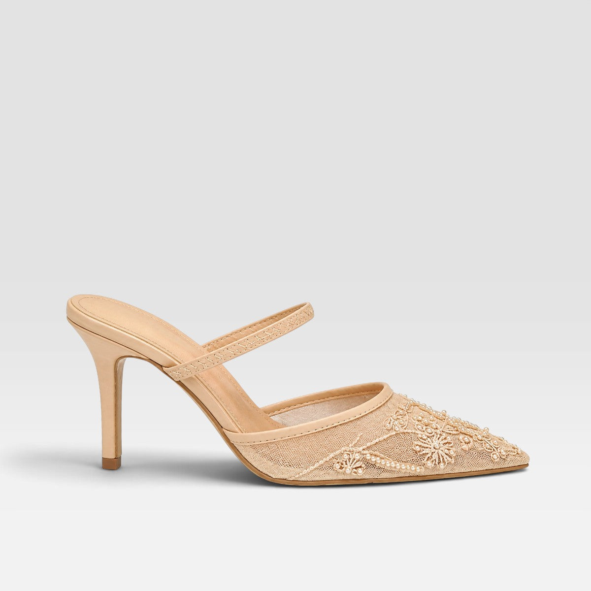 Josephine | Women's Embroidered Mesh Mule Heels - Pointed Toe Wedding Guest Shoes