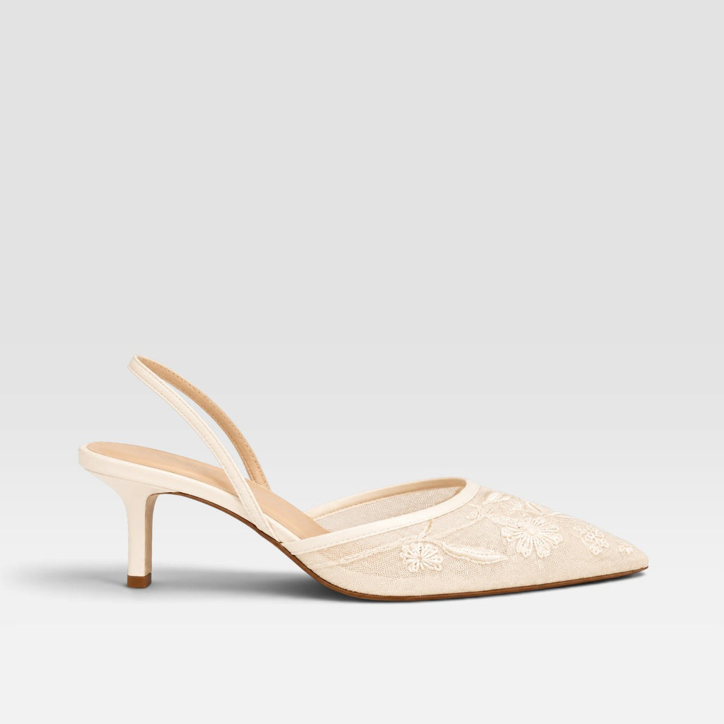 Josephine | Women's Embroidered Mesh Mule Heels - Pointed Toe Wedding Guest Shoes