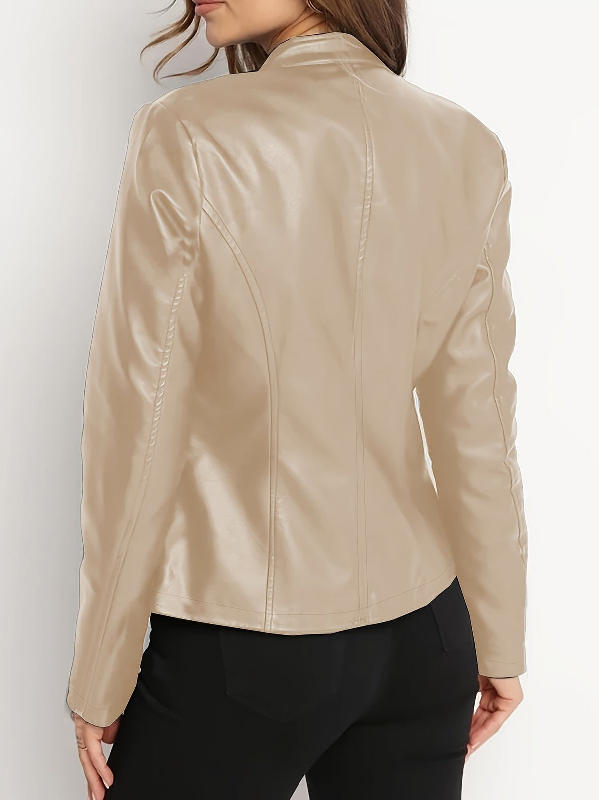 Cara | Women's Leather-Look Biker Jacket - Stand Collar Zip-Front Coat
