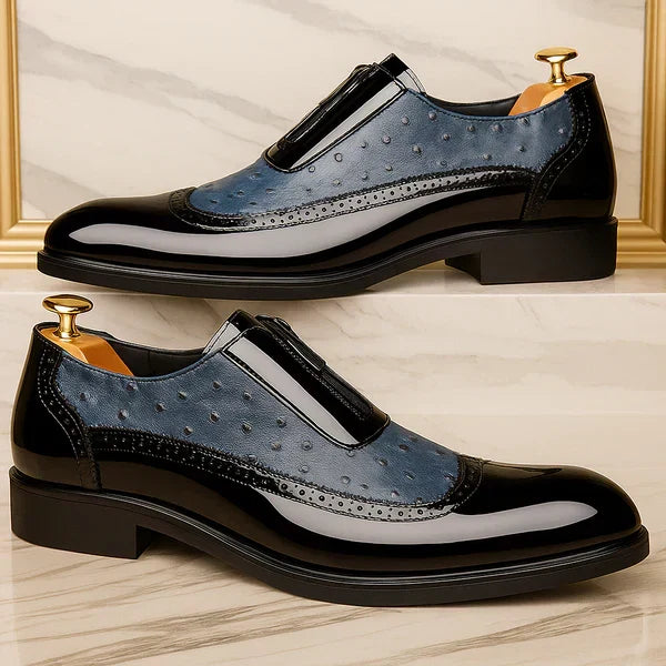 Julian | Men's Ostrich faux leather Oxford Shoes - Patent Toe Dress Shoes with Side Zip