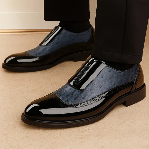 Julian | Men's Ostrich faux leather Oxford Shoes - Patent Toe Dress Shoes with Side Zip