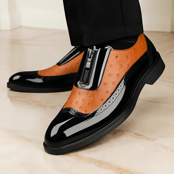 Julian | Men's Ostrich faux leather Oxford Shoes - Patent Toe Dress Shoes with Side Zip