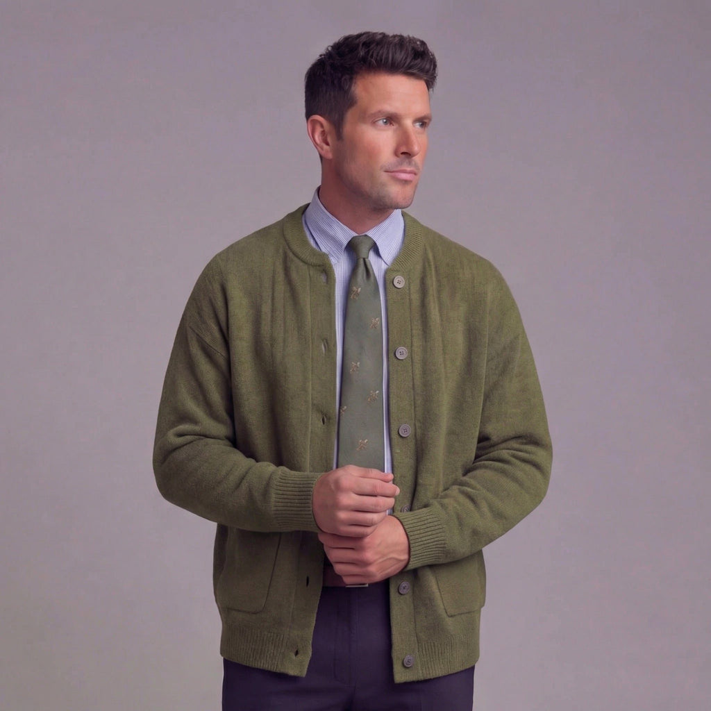 Wendell | Men's Knit Button-Front Cardigan - Crew Neck Relaxed Fit Knitwear