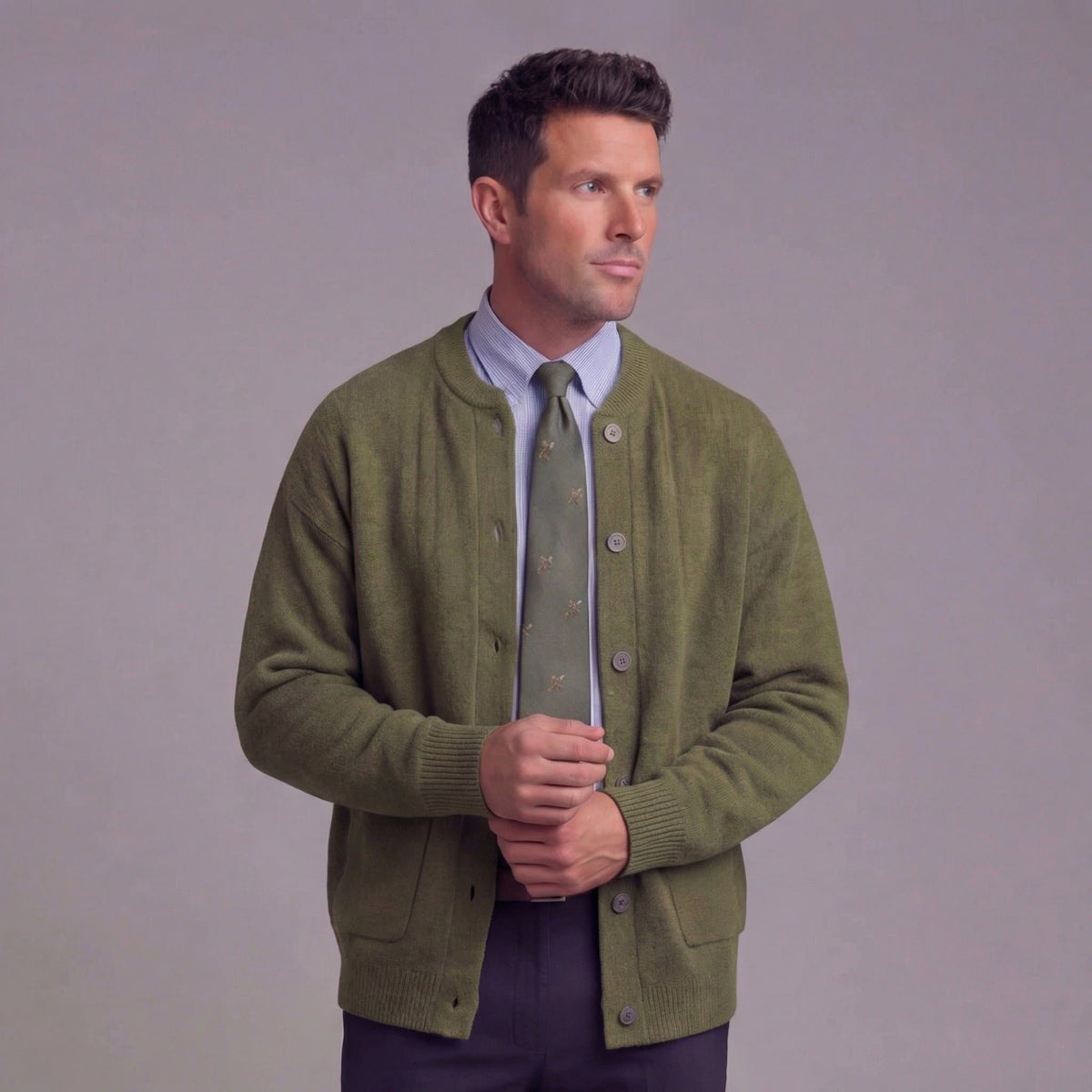 Wendell | Men's Knit Button-Front Cardigan - Crew Neck Relaxed Fit Knitwear