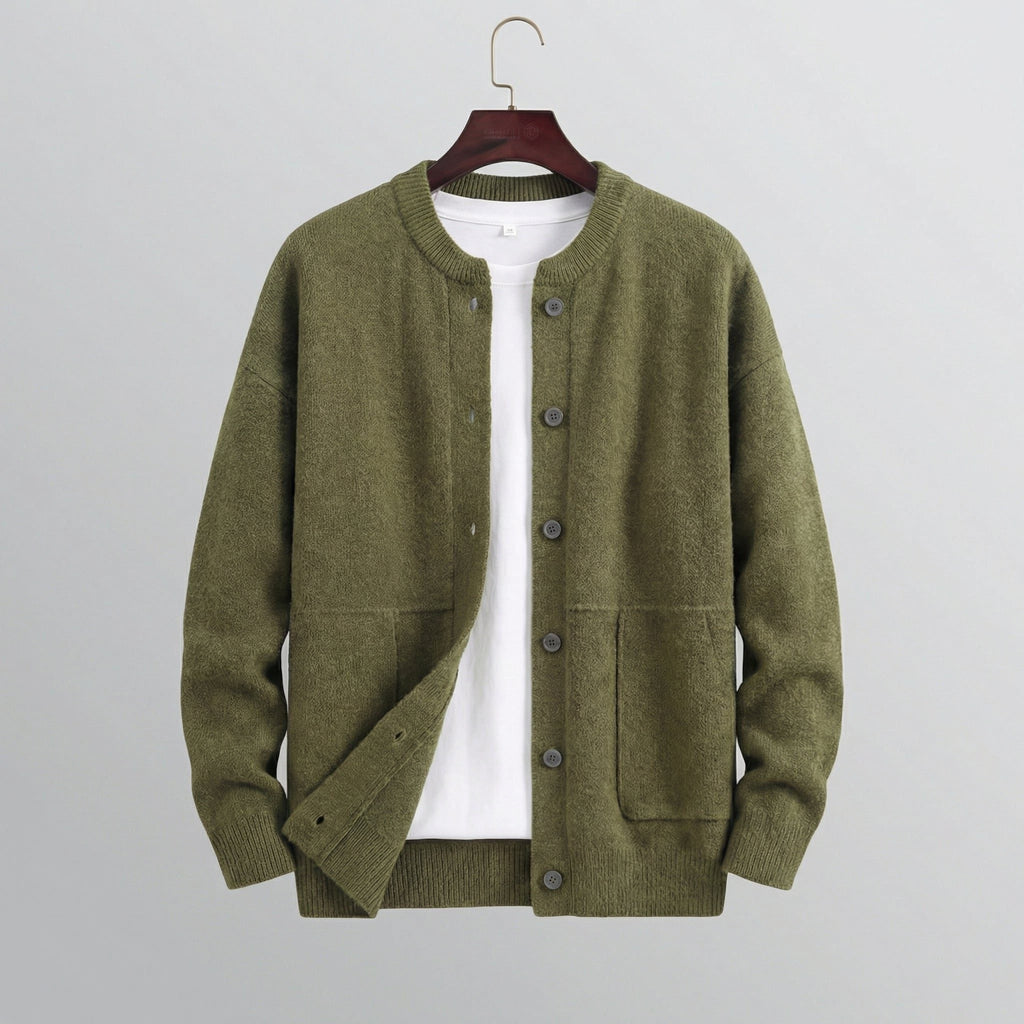 Wendell | Men's Knit Button-Front Cardigan - Crew Neck Relaxed Fit Knitwear