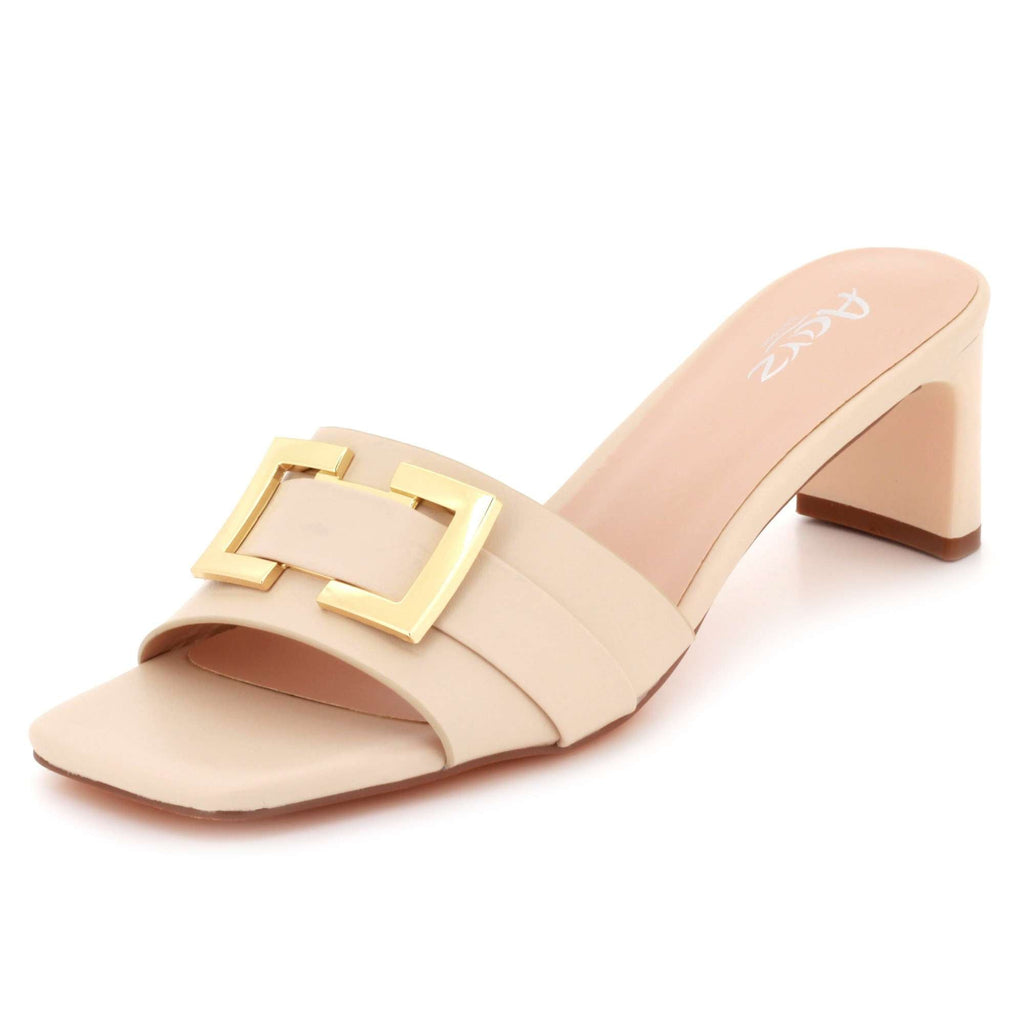 Priscilla | Women's Square-Toe Mule Sandals - Gold-Tone Buckle Mid Heel Mules