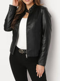 Cara | Women's Leather-Look Biker Jacket - Stand Collar Zip-Front Coat