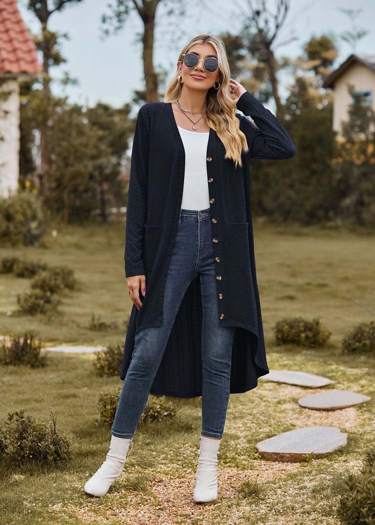 Bridie | Women's Longline Knit Cardigan - V-Neck Button-Up with Pockets