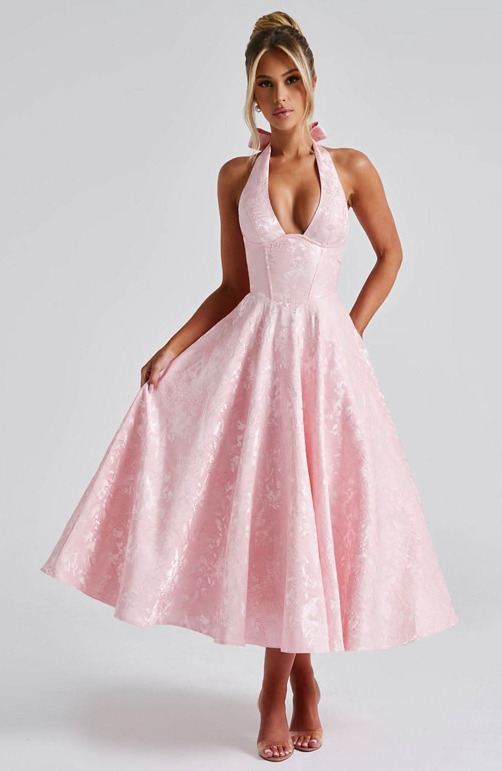 Elaine | Women's Floral Halter Midi Dress - Lace-Up Back Occasion Dress