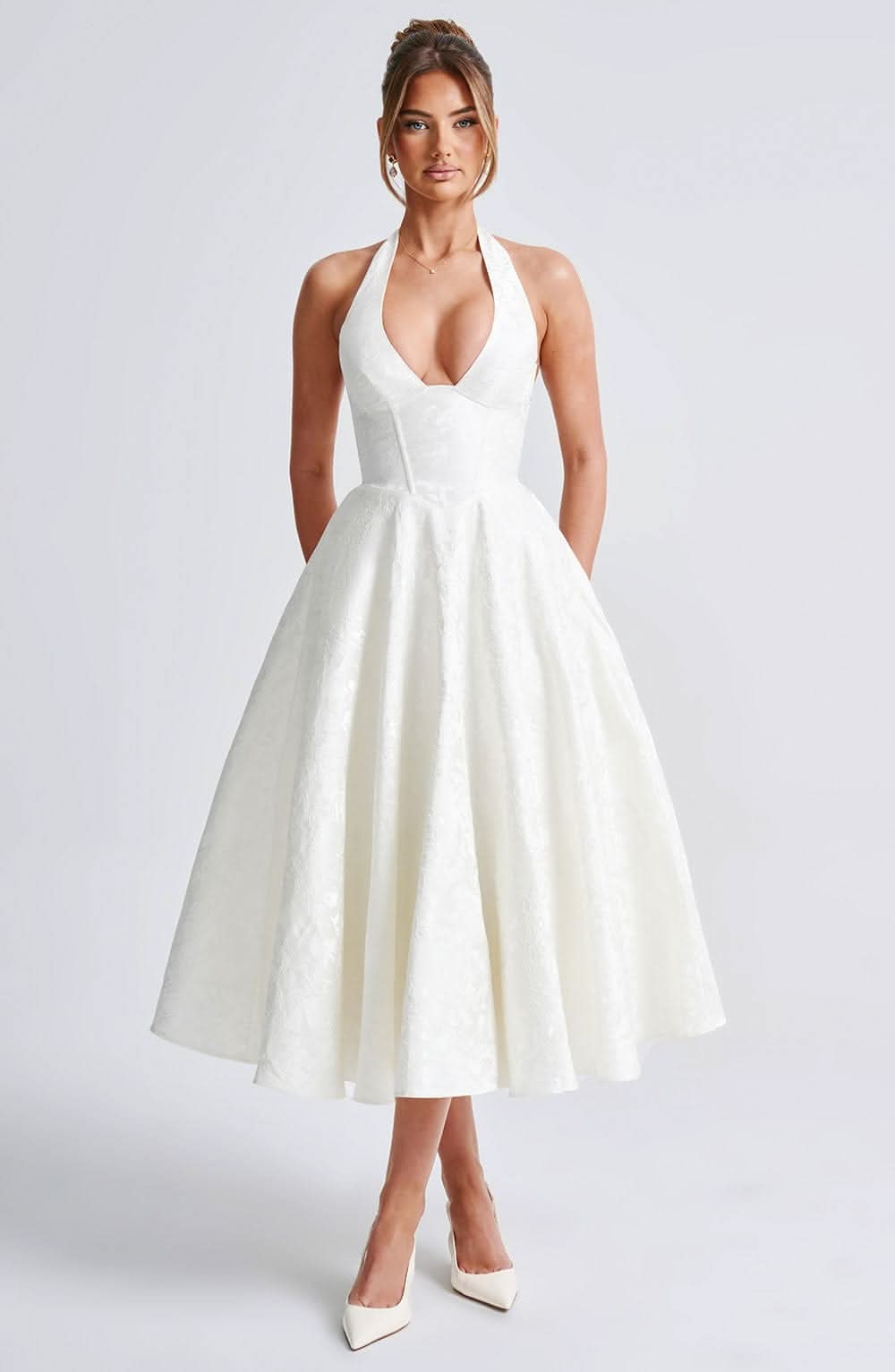 Elaine | Women's Floral Halter Midi Dress - Lace-Up Back Occasion Dress