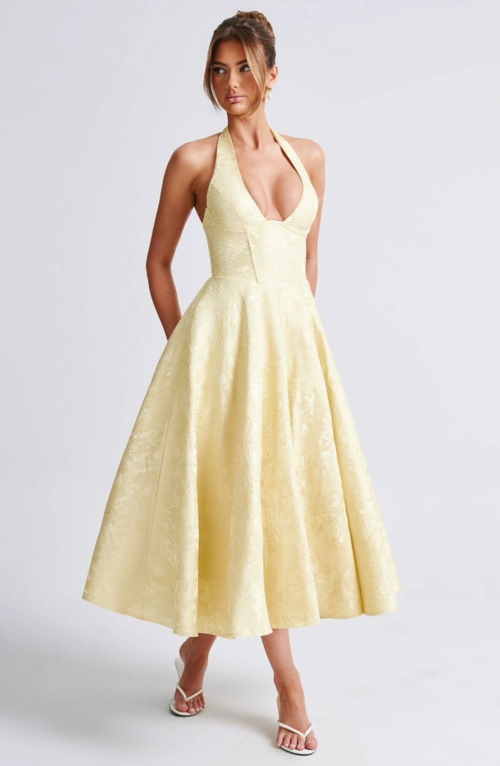 Elaine | Women's Floral Halter Midi Dress - Lace-Up Back Occasion Dress