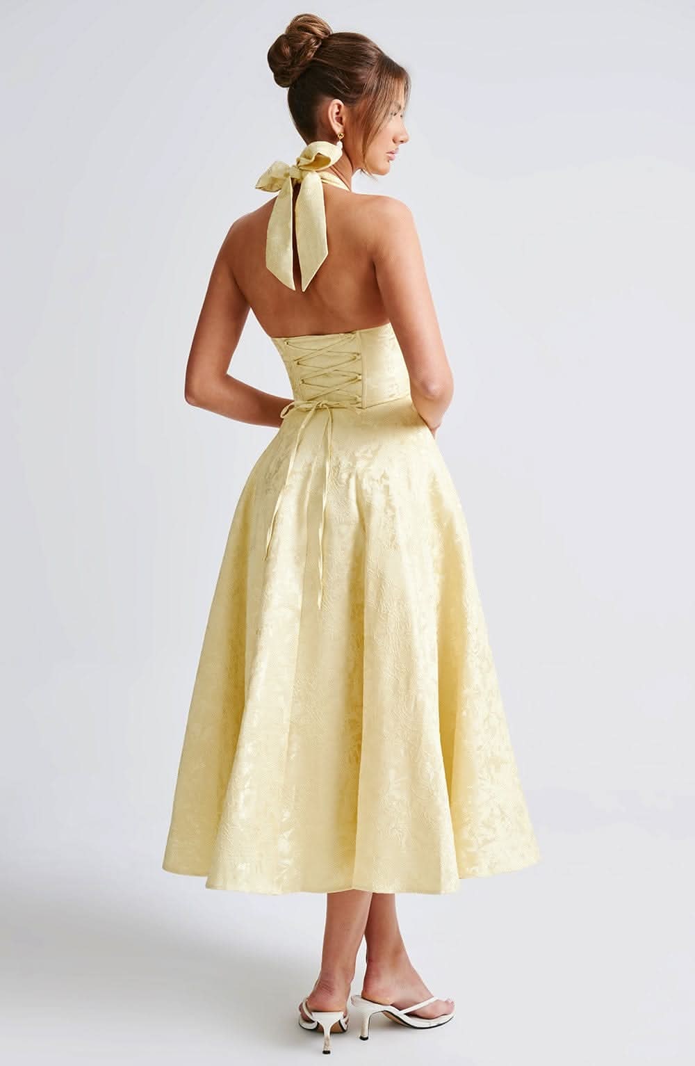 Elaine | Women's Floral Halter Midi Dress - Lace-Up Back Occasion Dress