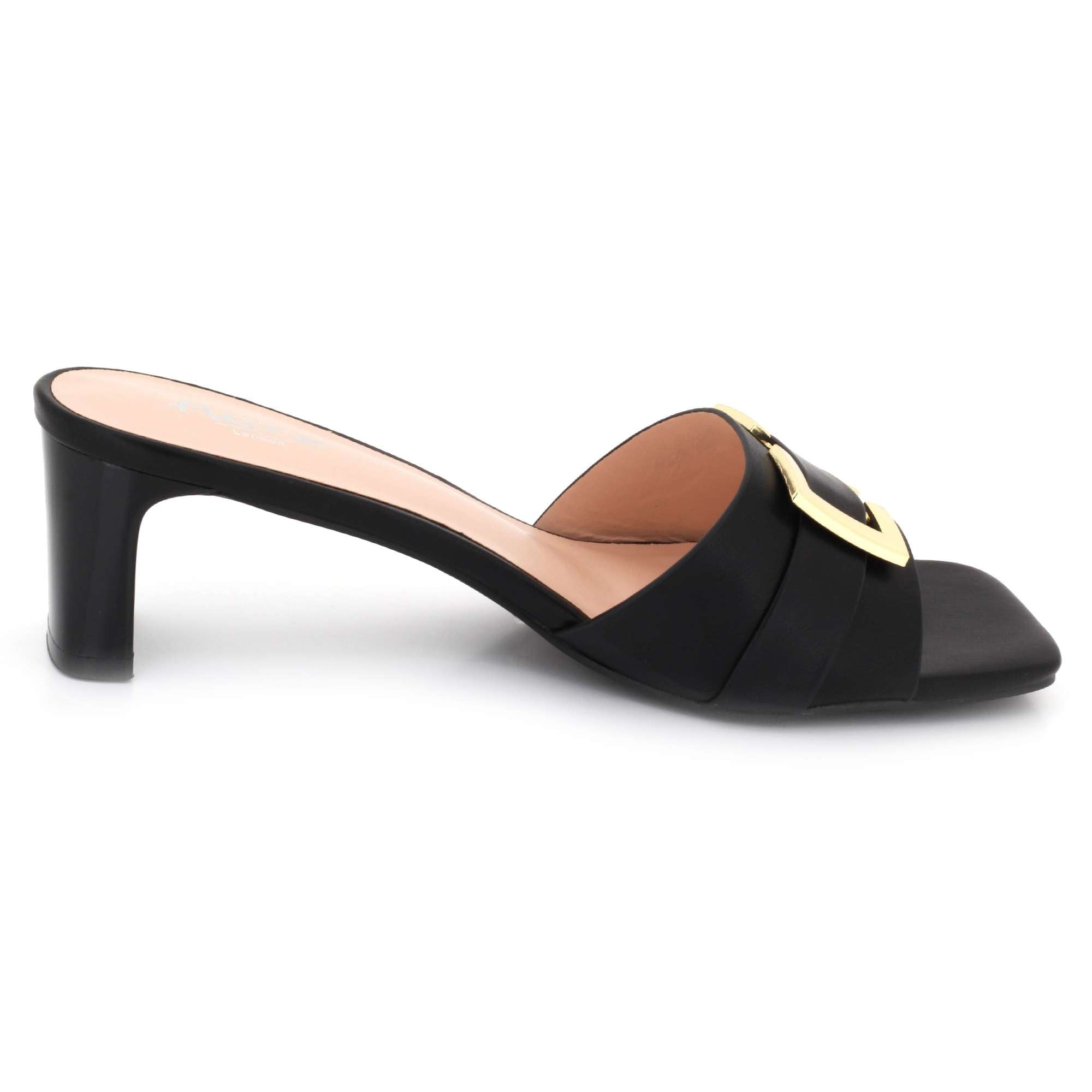 Priscilla | Women's Square-Toe Mule Sandals - Gold-Tone Buckle Mid Heel Mules