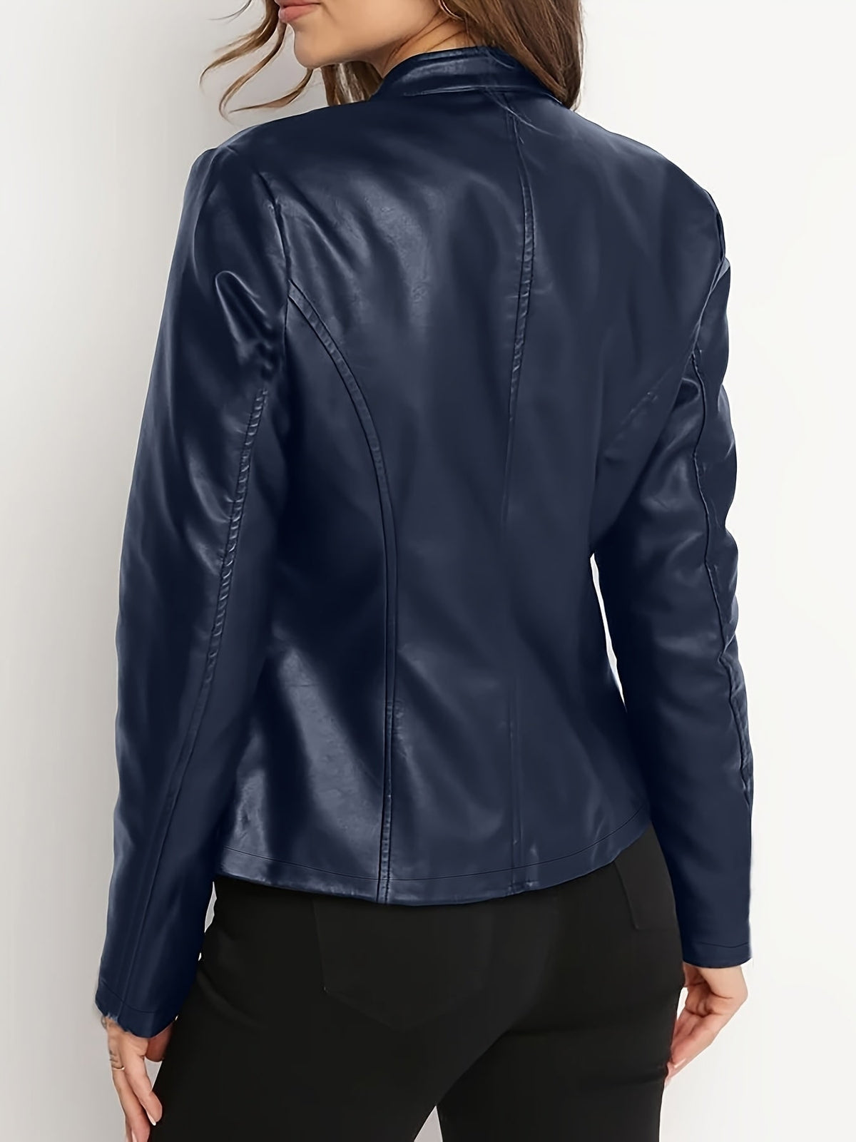 Cara | Women's Leather-Look Biker Jacket - Stand Collar Zip-Front Coat