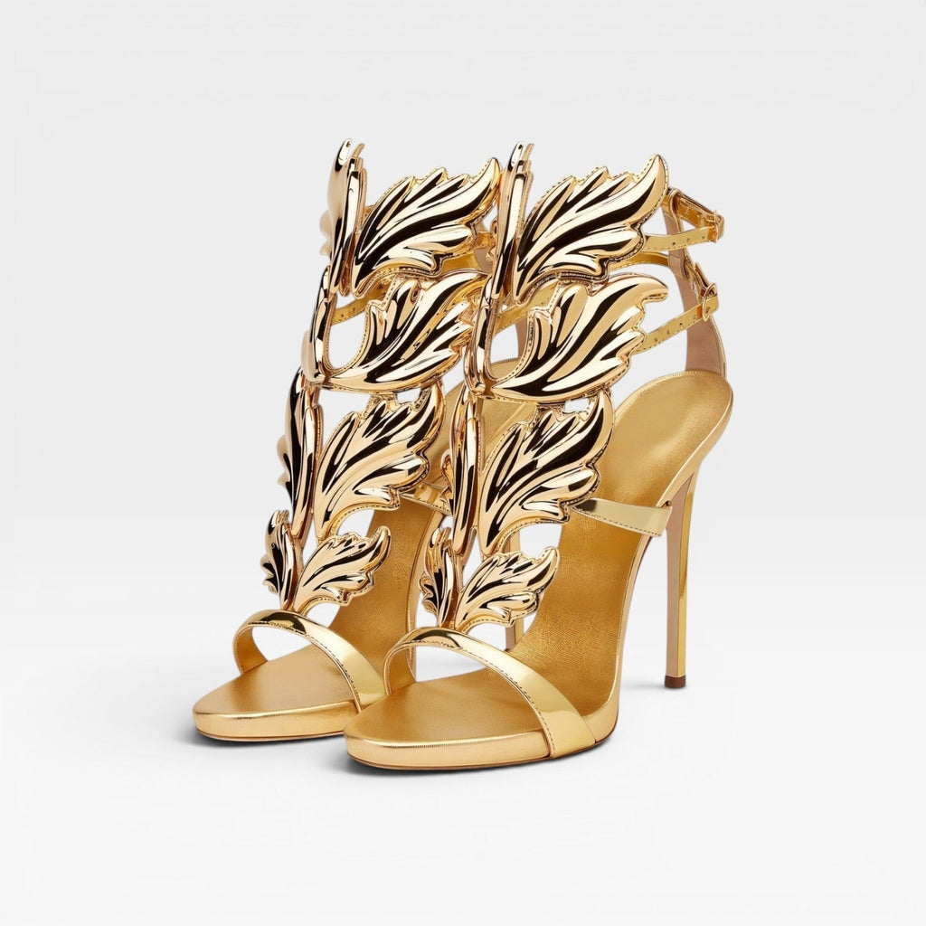 Faustine | Women's Gold-Tone Wing Stiletto Heels – Strappy Evening Sandals
