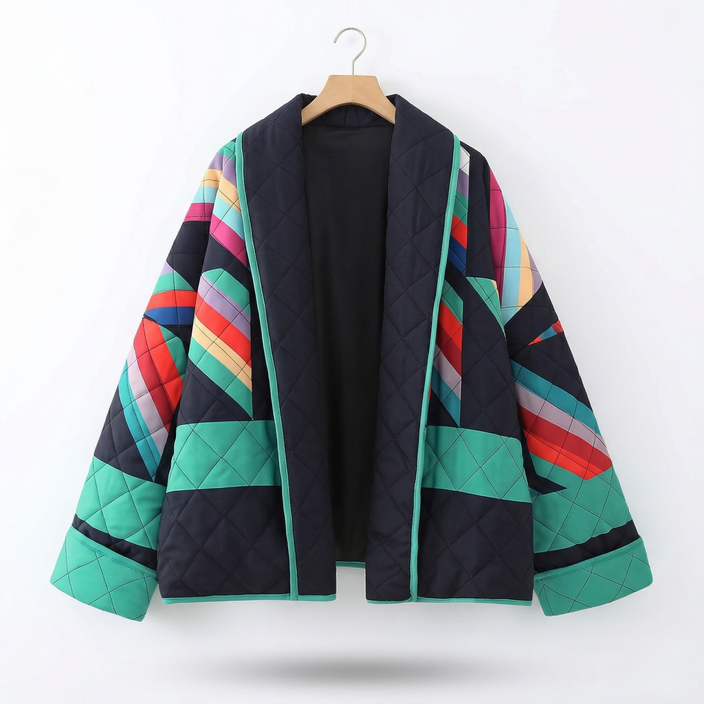 Gwen | Women's Vintage Quilted Jacket - Striped Colour-Block Padded Coat