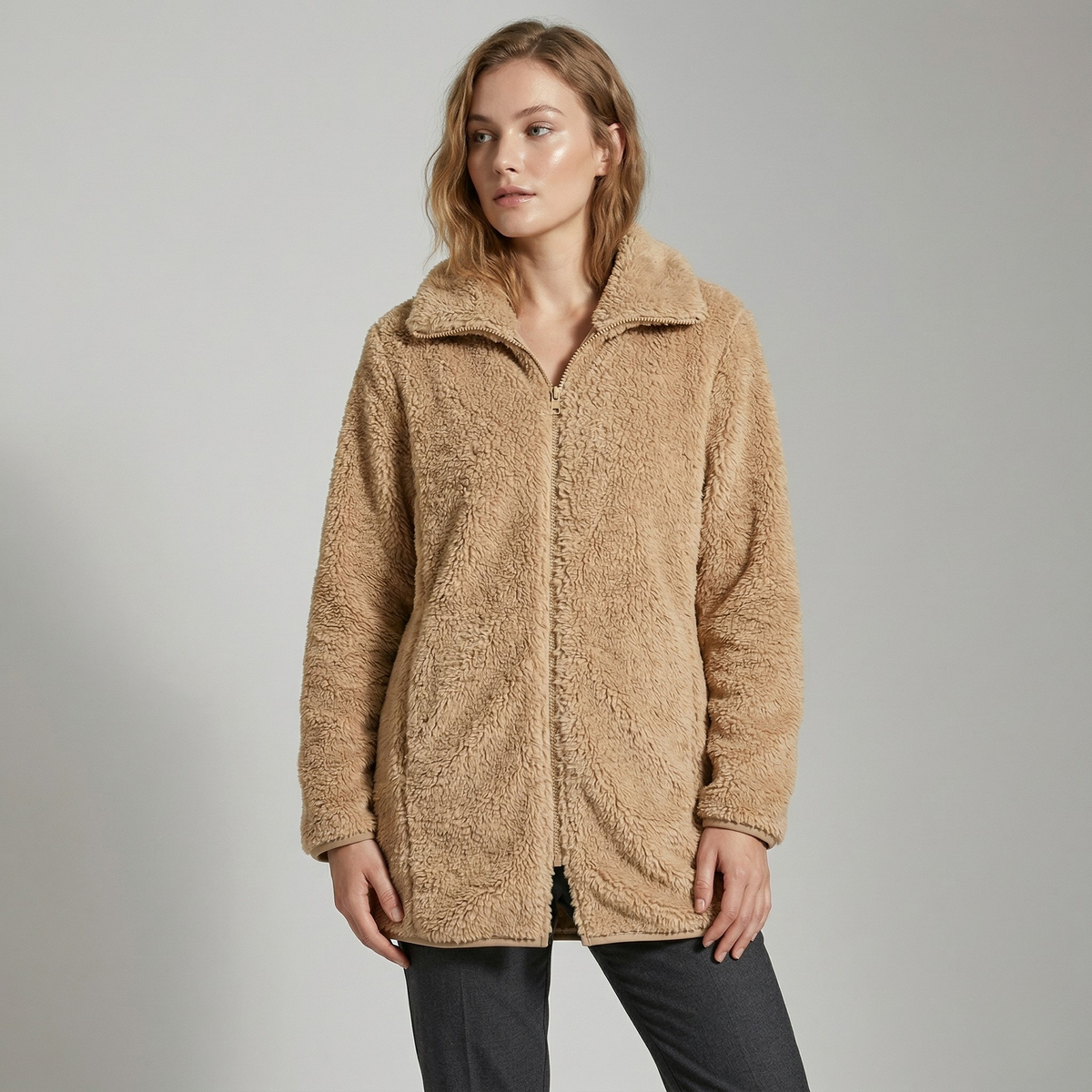 Melissa | Women's Long Teddy Coat - Full-Zip High-Collar Winter Jacket