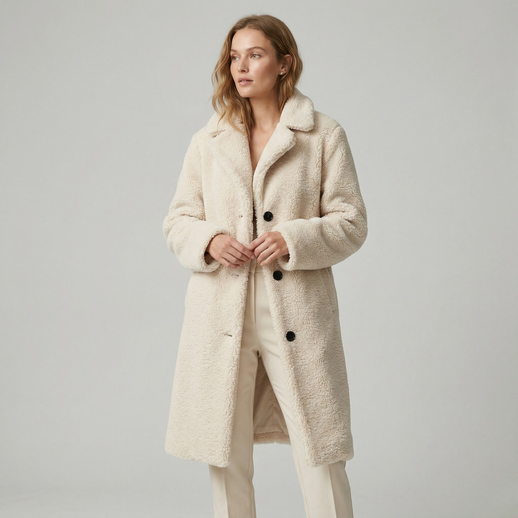 Amanda | Dames Teddyjas - Lange Winterjas met Revers en Knoopsluiting