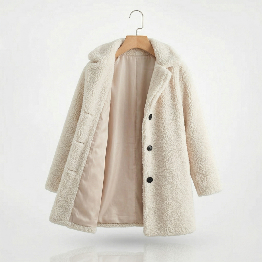 Amanda | Dames Teddyjas - Lange Winterjas met Revers en Knoopsluiting