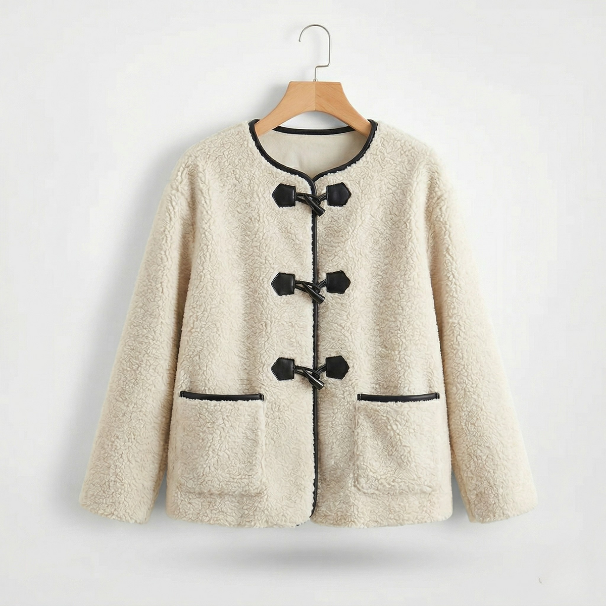 Lucy | Women's Oversized Teddy Coat - Round Neck Toggle Fastening Winter Jacket