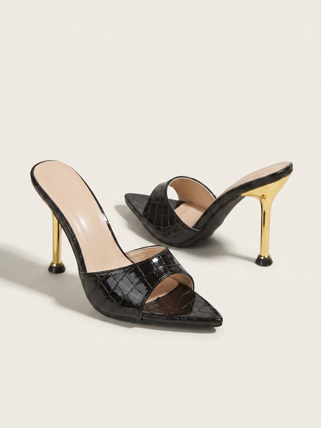 Fenella | Women's Pointed Peep-Toe Mule Heels - Slip-On Stiletto Party Shoes