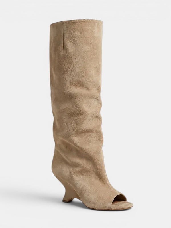 Vivienne | Women's Knee-High Boots with Peep Toe - Sculpted Heel Dress Boots