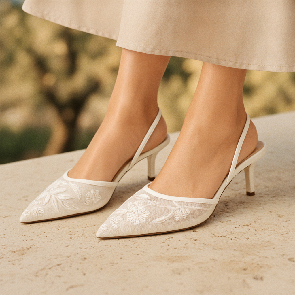 Josephine | Women's Embroidered Mesh Mule Heels - Pointed Toe Wedding Guest Shoes