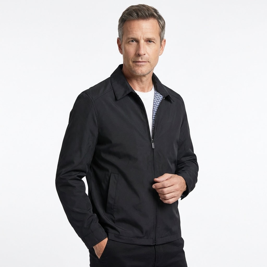 Norton | Men's Collared Zip-Up Harrington Jacket - Checked Lining Casual Jacket