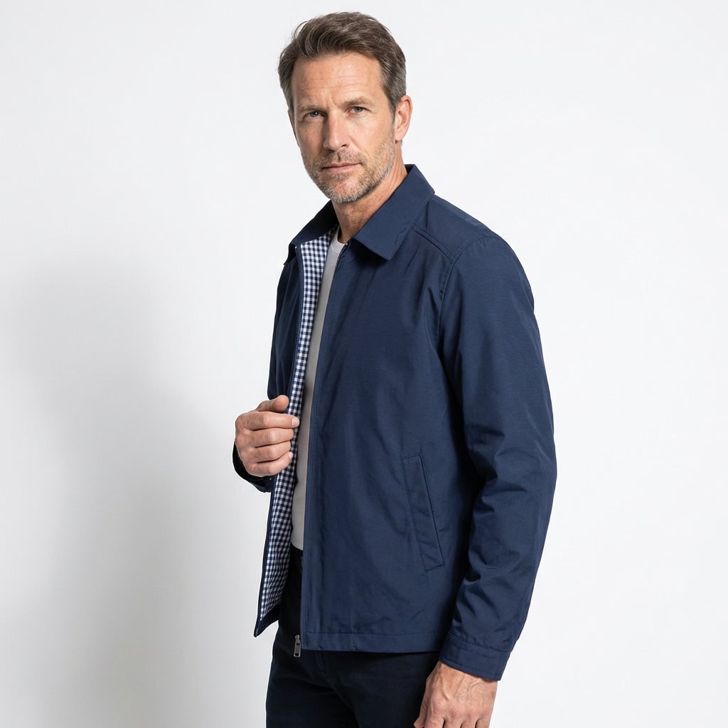 Norton | Men's Collared Zip-Up Harrington Jacket - Checked Lining Casual Jacket
