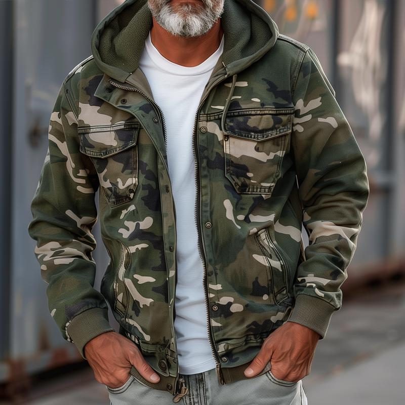 Jason | Men's Camouflage Cargo Jacket - Hooded Zip-Up Utility Coat