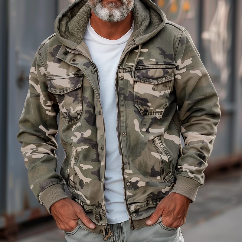 Jason | Men's Camouflage Cargo Jacket - Hooded Zip-Up Utility Coat