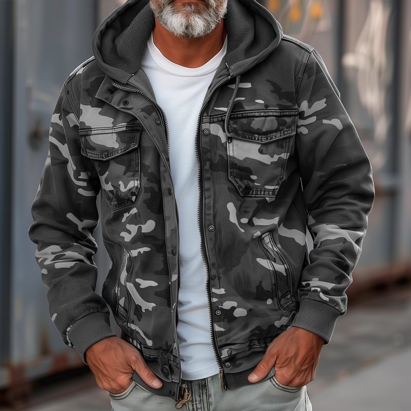 Jason | Men's Camouflage Cargo Jacket - Hooded Zip-Up Utility Coat