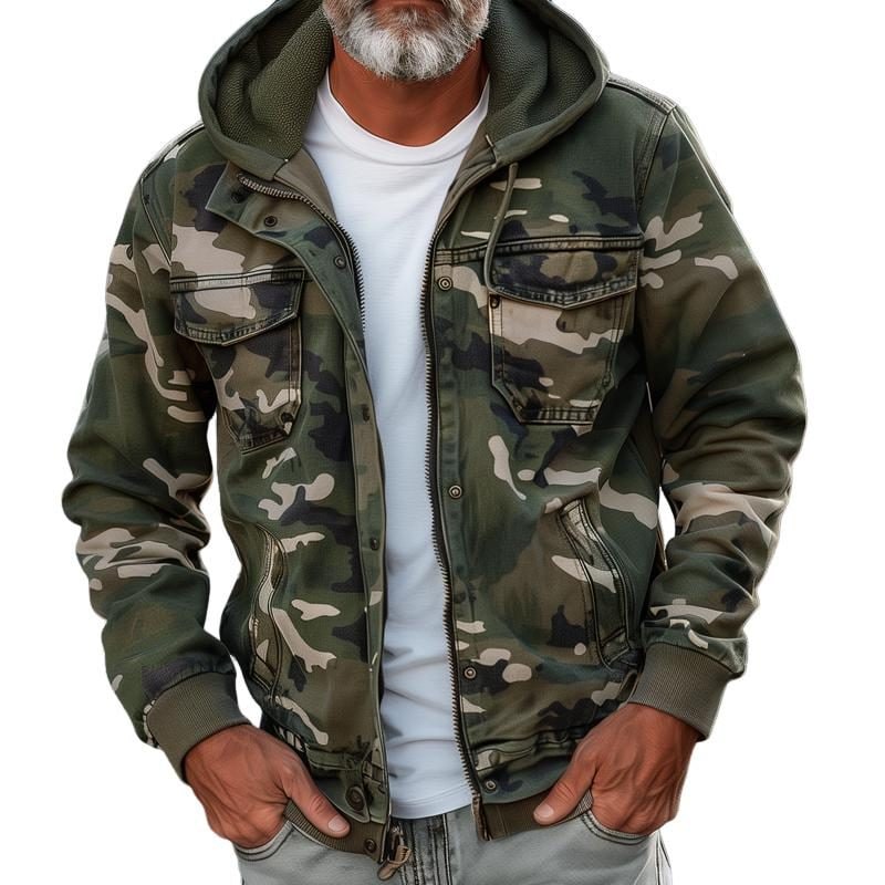 Jason | Men's Camouflage Cargo Jacket - Hooded Zip-Up Utility Coat