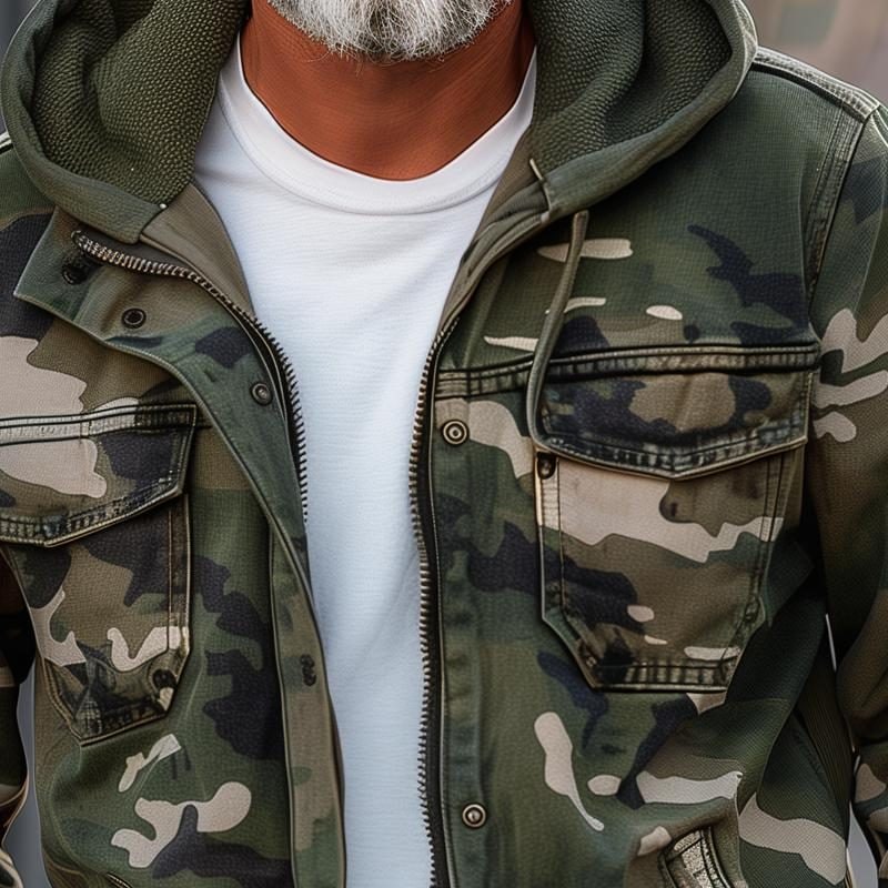 Jason | Men's Camouflage Cargo Jacket - Hooded Zip-Up Utility Coat