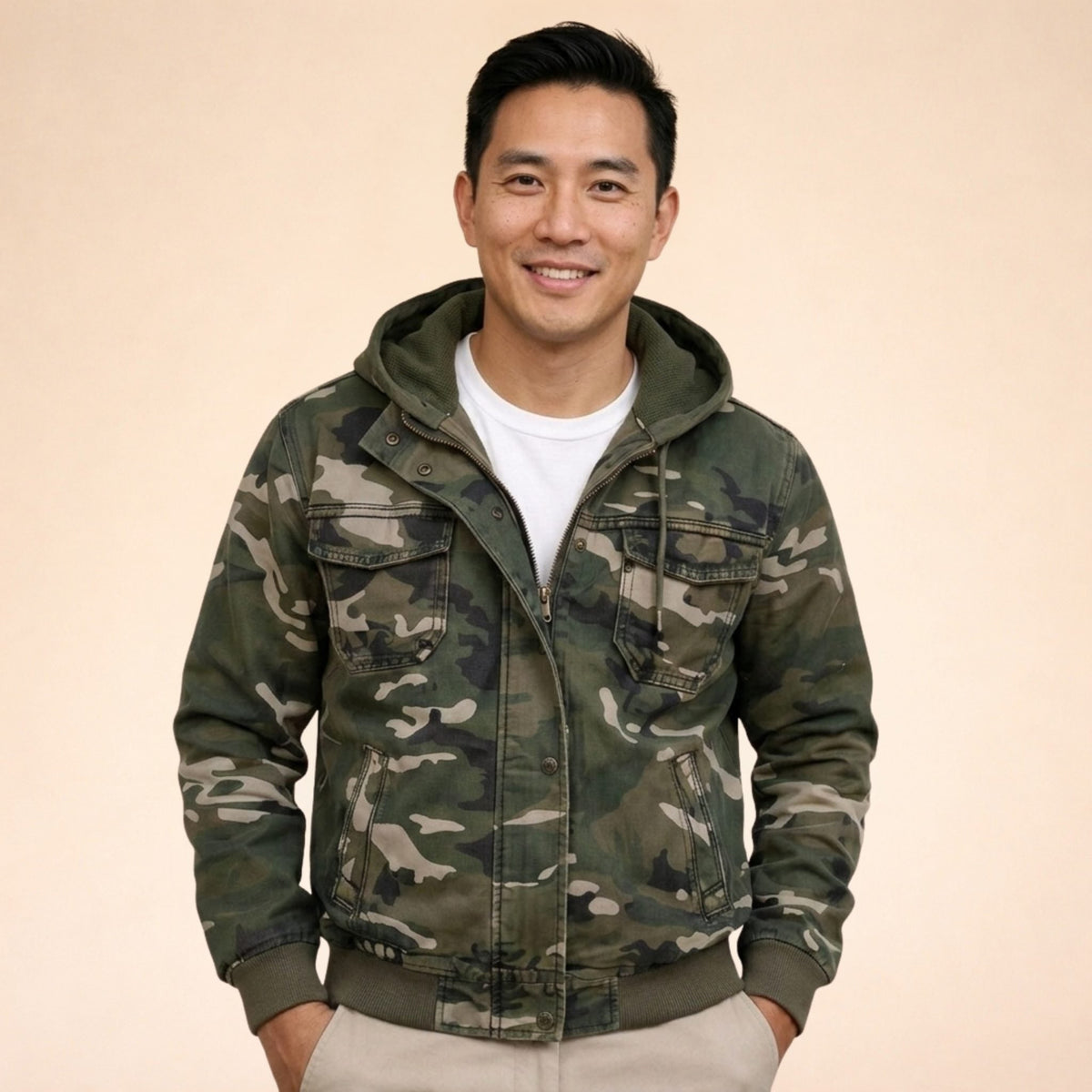 Jason | Men's Camouflage Cargo Jacket - Hooded Zip-Up Utility Coat