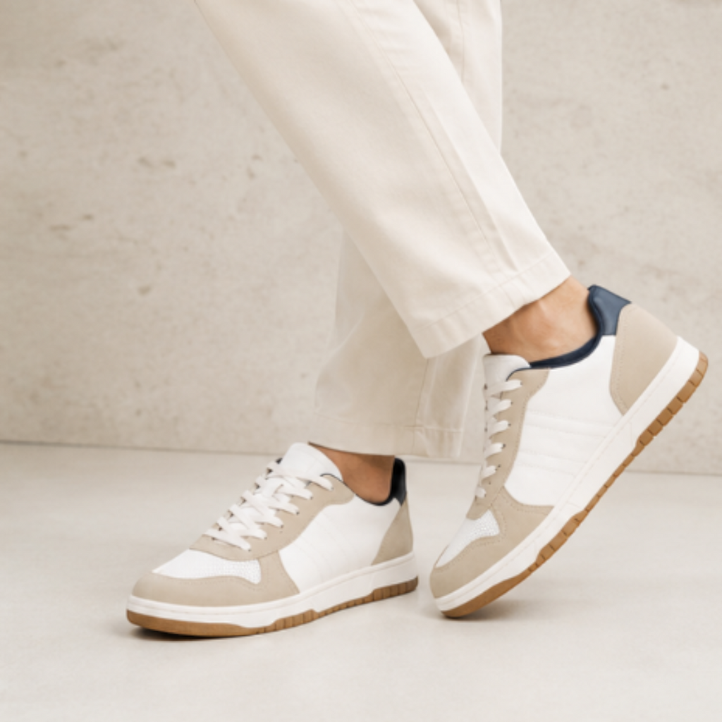 Clive | Men's White Colour Block Retro Trainers - Retro-Style Casual Sneakers
