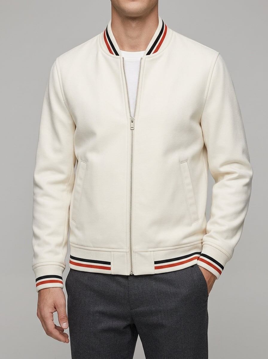 Reece | Men's Wool-Blend Bomber Jacket - Striped Ribbed Collar Full-Zip Jacket