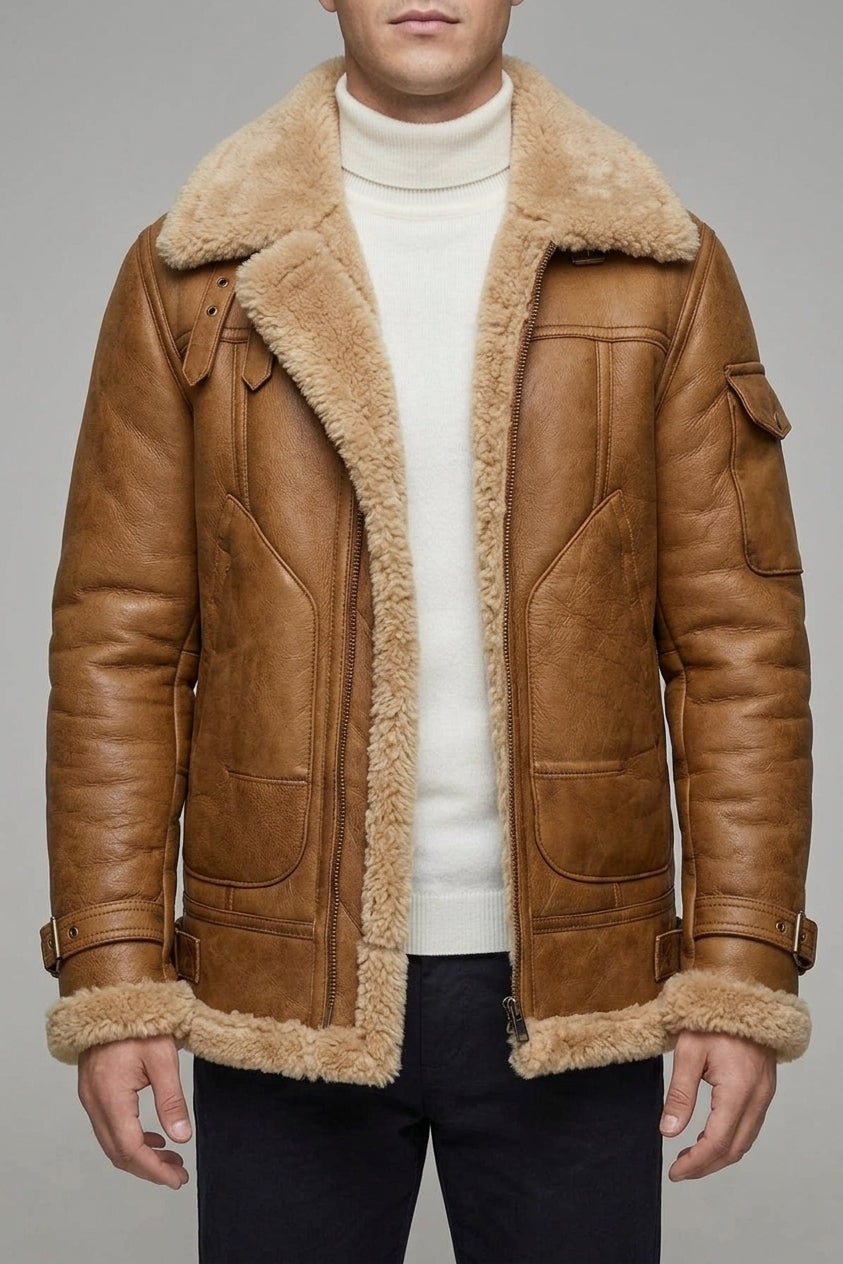Elmer | Men's Sheepskin Aviator Jacket - Fleece-Lined Zip-Up Winter Coat
