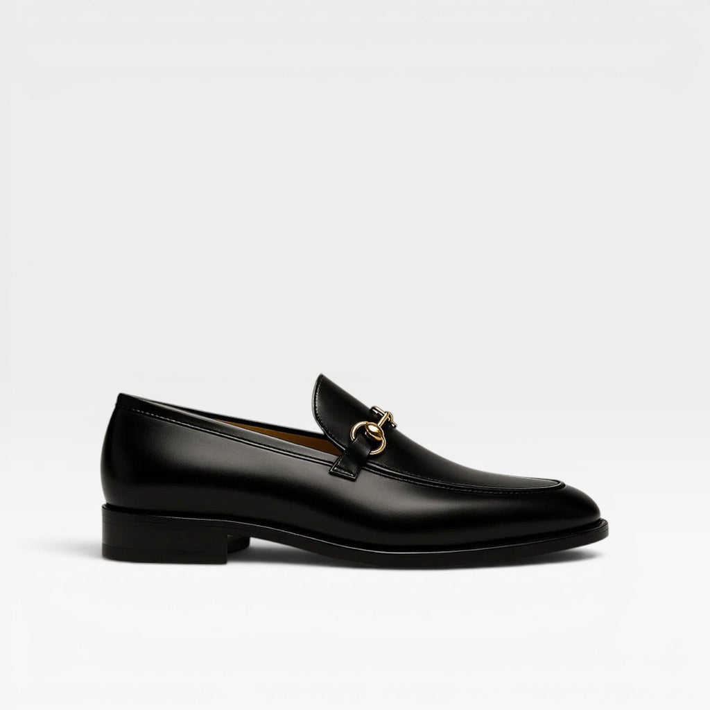 Harvey | Men's Leather-Look Horsebit Loafers - Gold-Tone Buckle Slip-On Dress Shoes